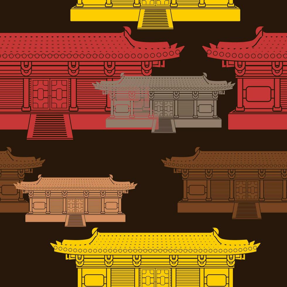 editierbar eben einfarbig Stil breit traditionell Chinesisch Gebäude Vektor Illustration im verschiedene Farben wie nahtlos Muster mit dunkel Hintergrund zum orientalisch Geschichte und Kultur verbunden Design