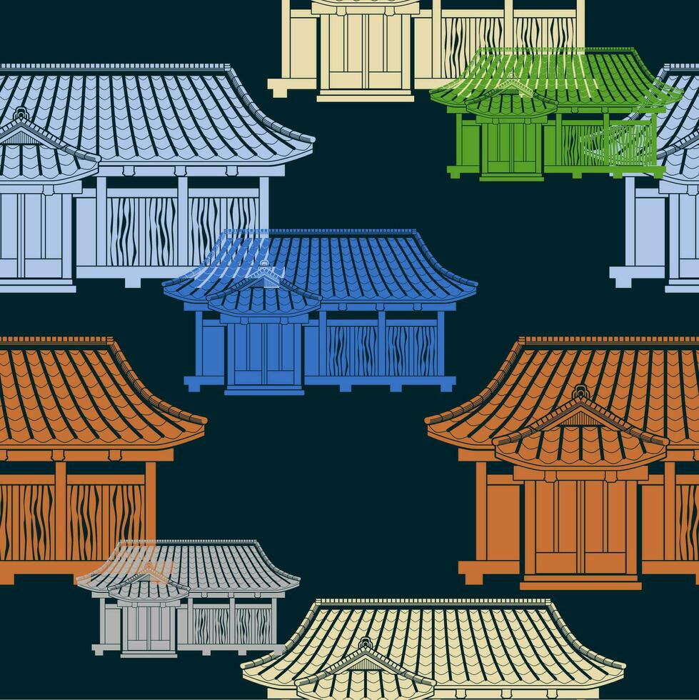 redigerbar platt svartvit stil främre se japansk traditionell hus vektor illustration i olika färger med mörk bakgrund för turism resa och kultur eller historia utbildning