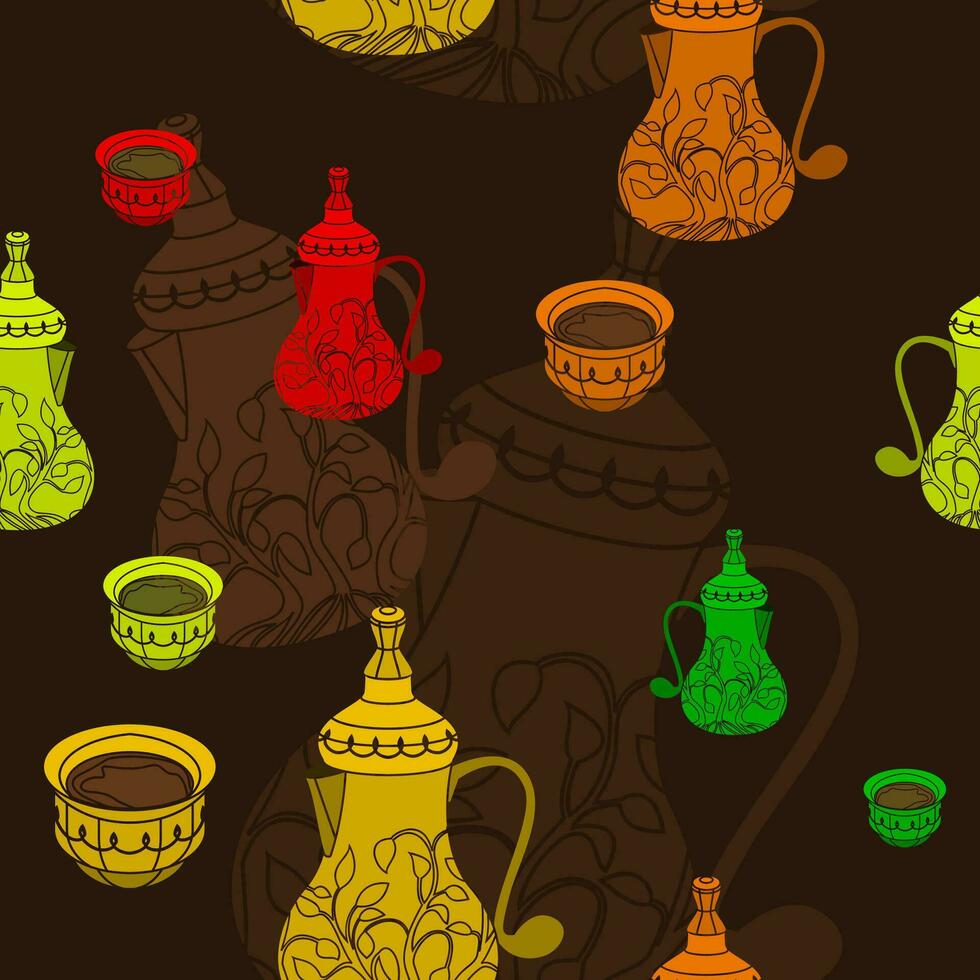 redigerbar mönstrad bulbös dallah kaffe kastruller och finjan koppar vektor illustration i olika färger som sömlös mönster med mörk bakgrund för arab kultur tradition Kafé och islamic stunder design