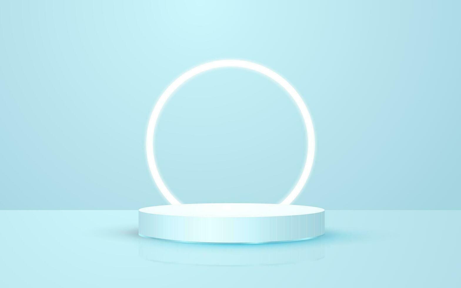 3d Szene Pastell- Blau runden Podium Hintergrund mit Kreis Neon- Beleuchtung perfekt zum Veranstaltung Beförderung kosmetisch Produkt Präsentation Attrappe, Lehrmodell, Simulation vektor