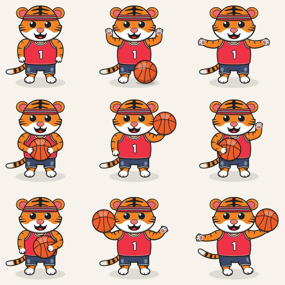 komisch Tiger Basketball Karikatur Satz. Tiger Basketball Satz. süß Karikatur Charakter Vektor einstellen isoliert auf ein Weiß Hintergrund. Karikatur Tier Sport. Tier Karikatur.