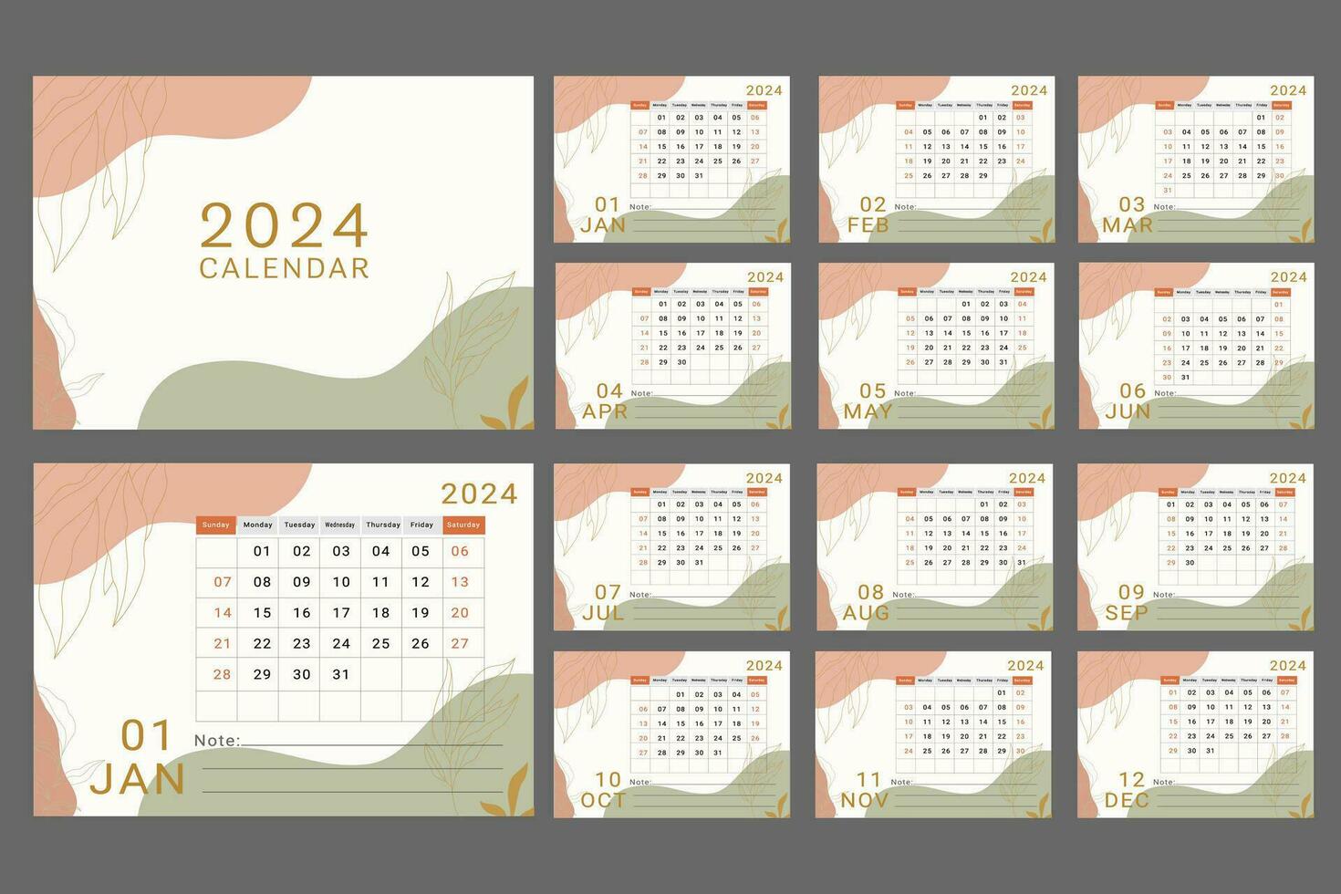 skrivbord kalender 2024 mall design 2024 en gång i månaden kalender vektor