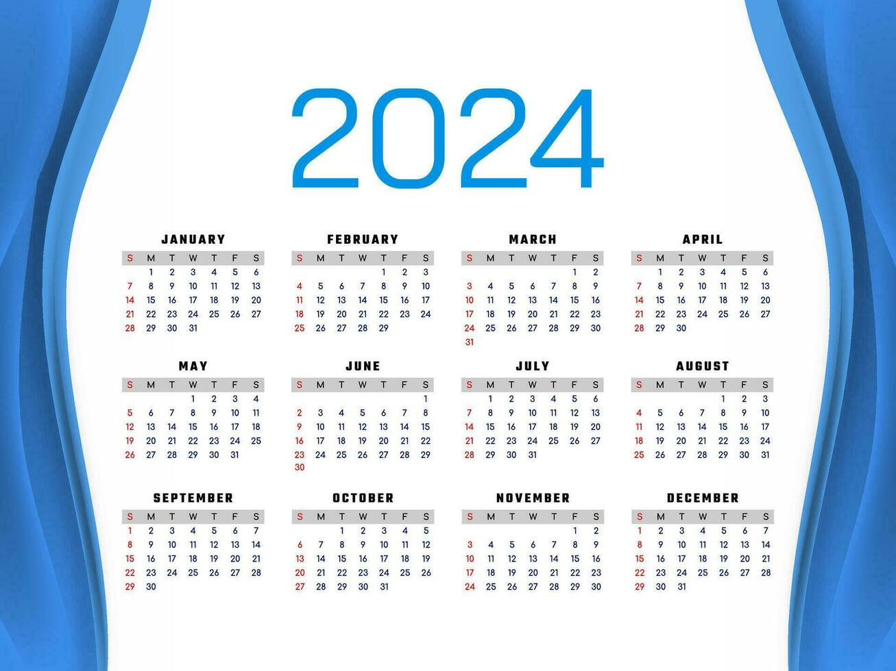 2024 Neu Jahr modern Blau wellig Kalender Design vektor