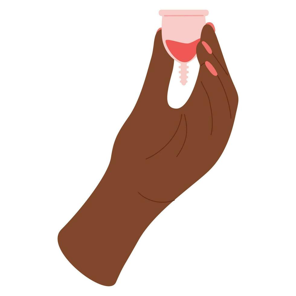 afrikansk amerikan svart kvinna hand innehar menstruations- kopp. feminin hygien. menstruation begrepp. vektor