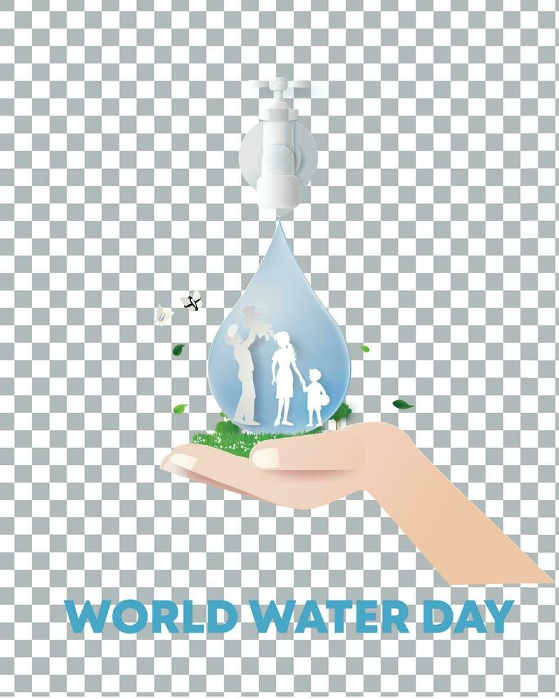 Welt Wasser Tag. zwei Hand speichern das Welt in das Wasser tropfen. vektor
