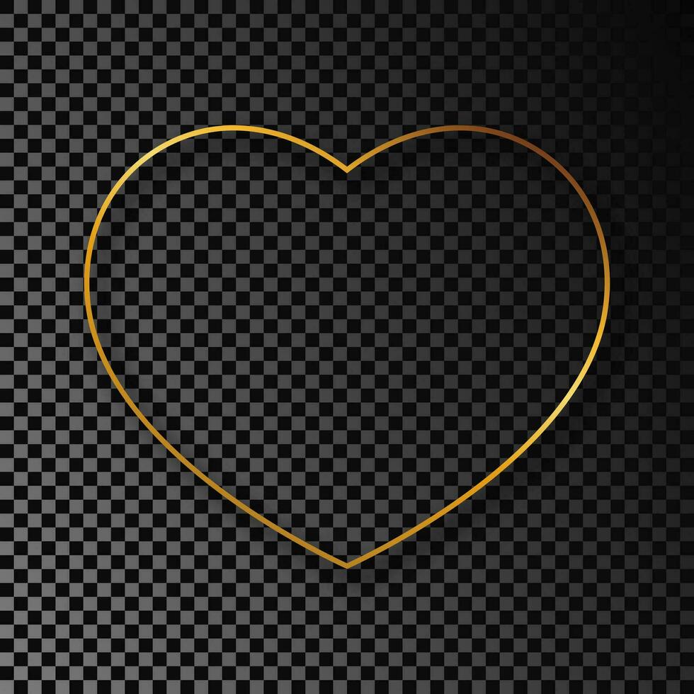 guld lysande hjärta form ram med skugga isolerat på mörk bakgrund. skinande ram med lysande effekter. vektor illustration.
