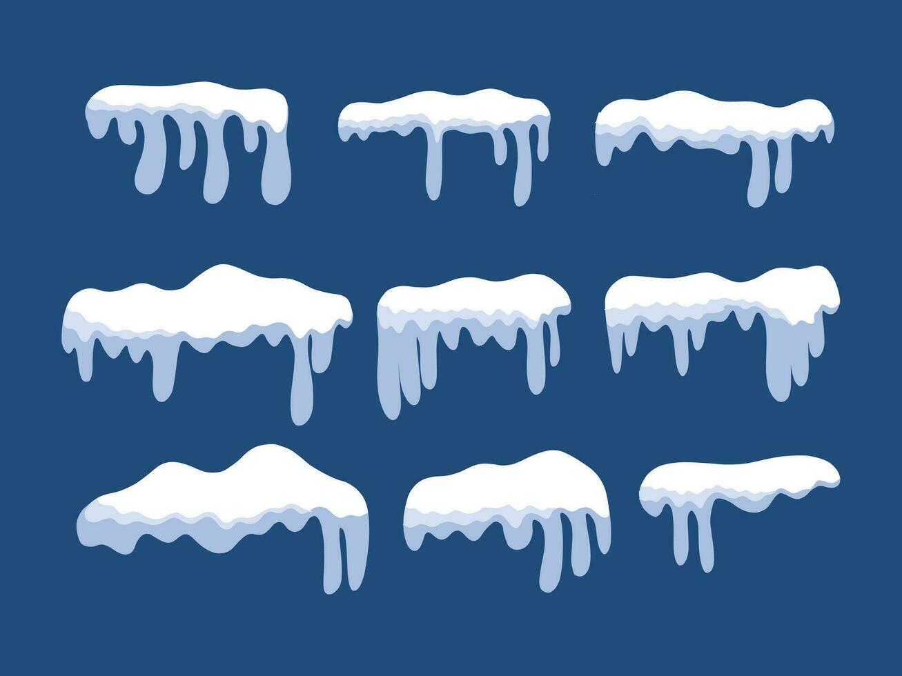 Vektor Illustration einstellen von Schnee und Eis Vektor Rahmen. Winter Schnee Kappen, Schneeverwehungen und Eiszapfen im Karikatur eben Stil.