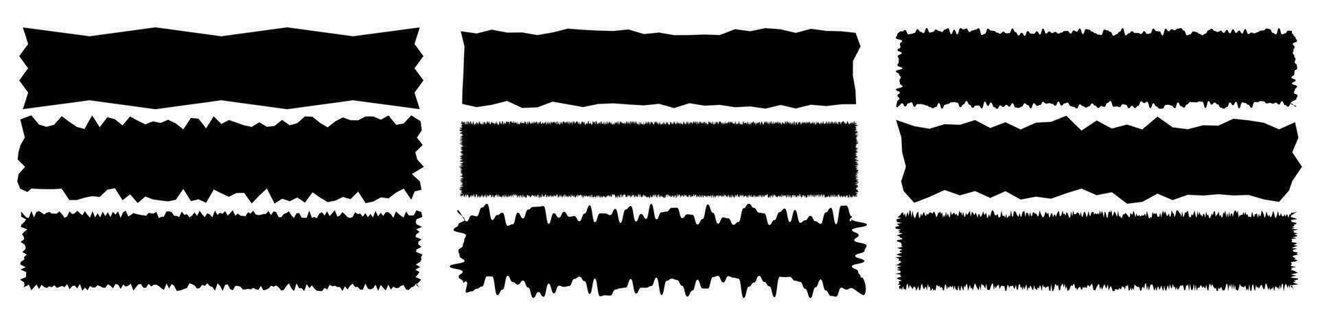 zerrissen schwarz Papier Stücke Satz. Rechteck Frames mit gezackt Kanten. texturiert Grunge Element bündeln. vektor