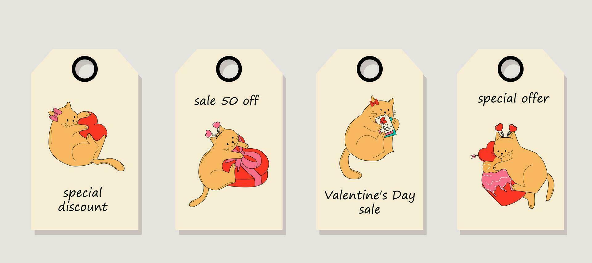 vektor uppsättning av rabatt pris taggar. etiketter med söt katter med valentines dekorationer. hjärtans dag försäljning.