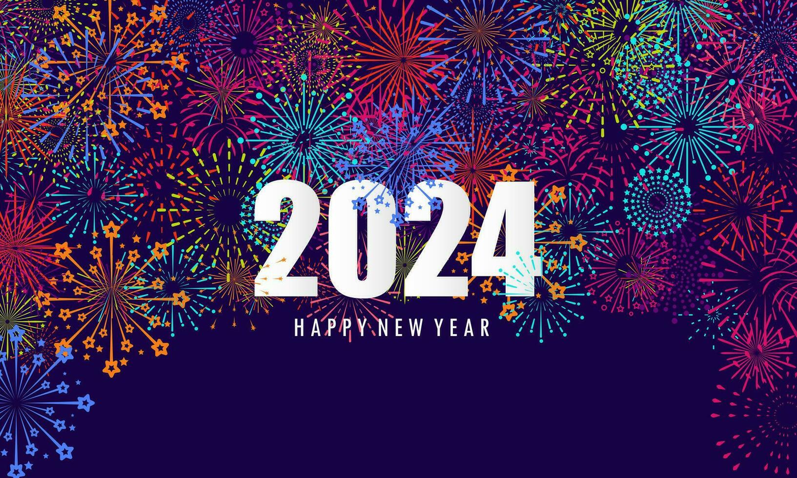 hälsning kort med inskrift Lycklig ny år 2024 på fyrverkeri bakgrund vektor design