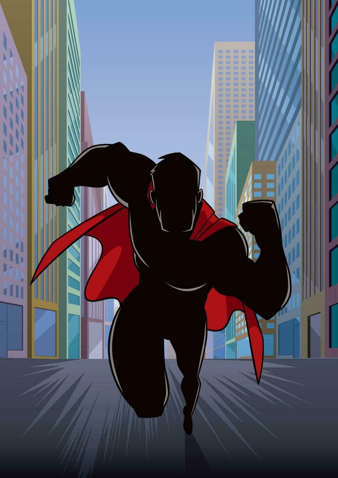 Superheld Laufen im Stadt Silhouette vektor