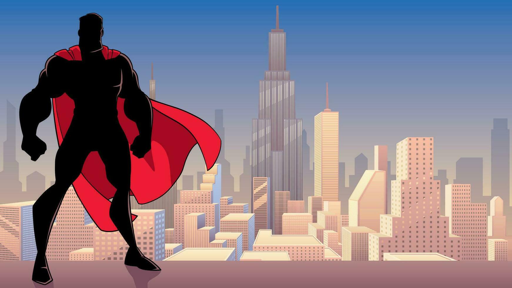 Superheld Stehen hoch im Stadt Silhouette vektor