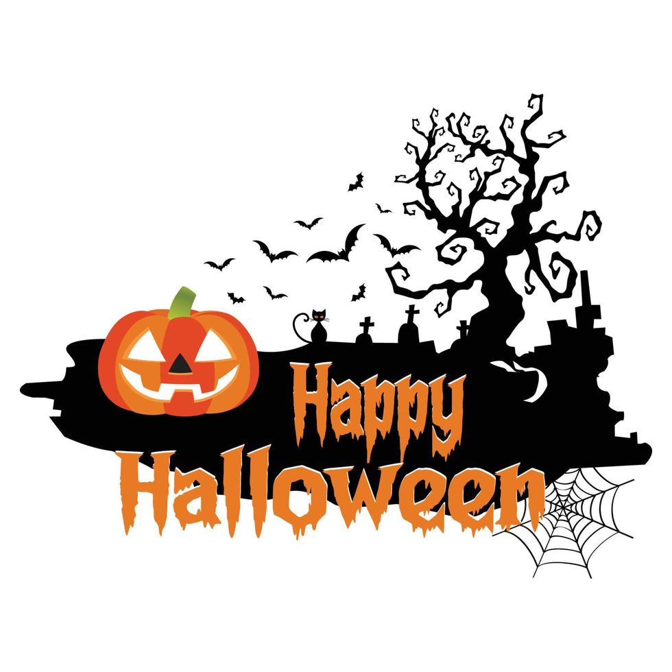 halloween, glad halloween, pumpa och träd t-shirt tryck gratis vektor