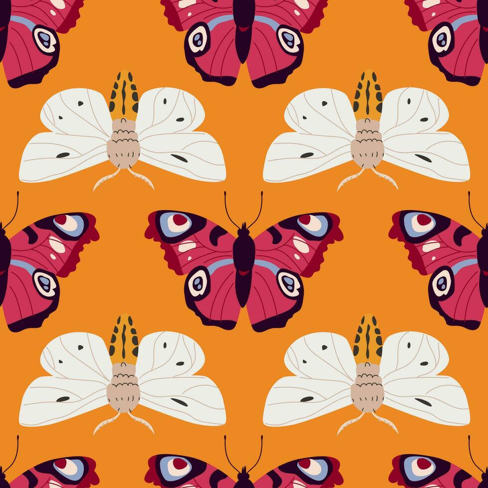 sömlös mönster med fjärilar och nattfjärilar. tapet med dekorativ insekter med färgrik vingar. ändlös platt vektor illustration