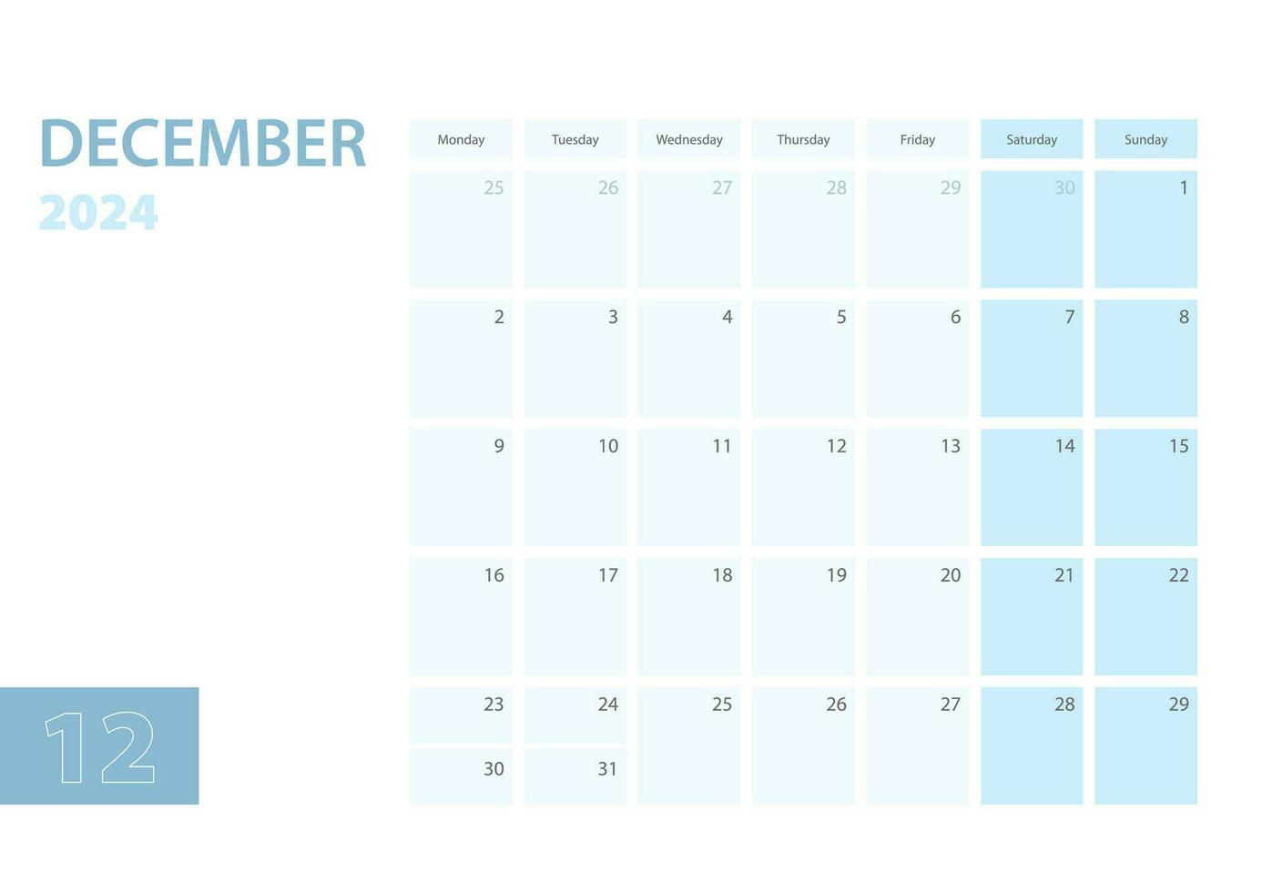 kalender mall för de december 2024, de vecka börjar på måndag. de kalender är i en blå Färg schema. vektor