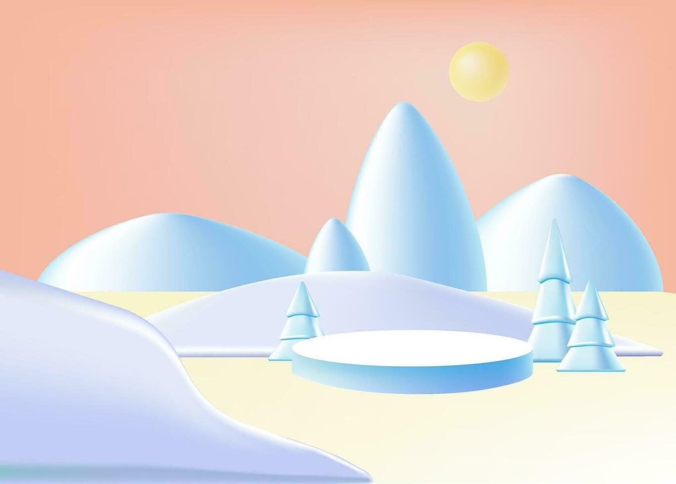 jul vinter- bakgrund. realistisk 3d jul träd, färgrik vinter- landskap, ljus orang himmel. mjuk pastell Färg blå och rosa vit. vektor illustration