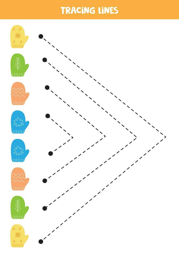 Rückverfolgung Linien zum Kinder. süß bunt Winter Fäustlinge. Handschrift ausüben. vektor