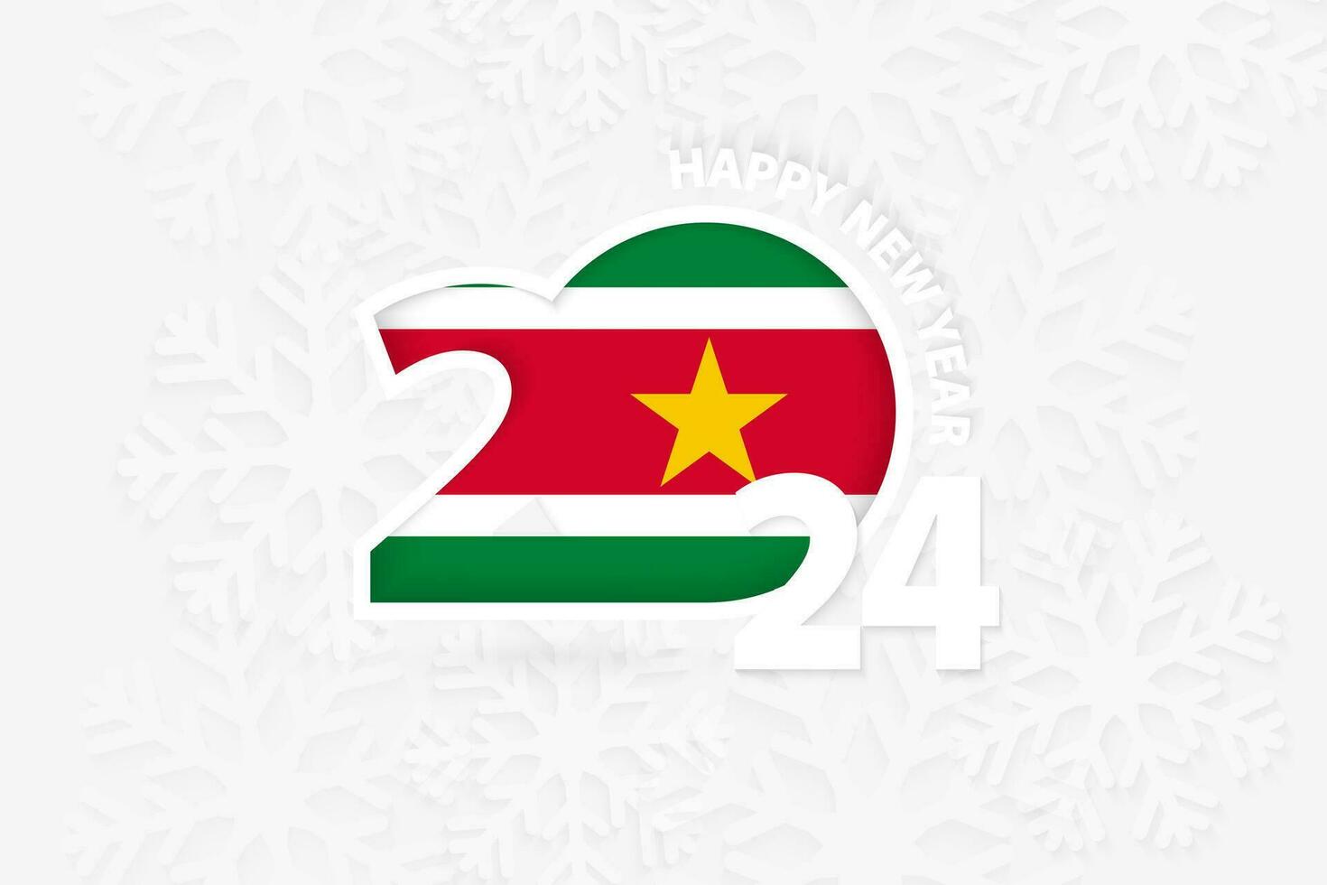 Neu Jahr 2024 zum suriname auf Schneeflocke Hintergrund. vektor