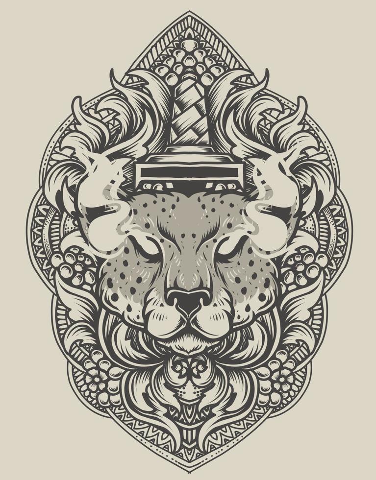 illustration cheetahhuvud med gravyrprydnad vektor
