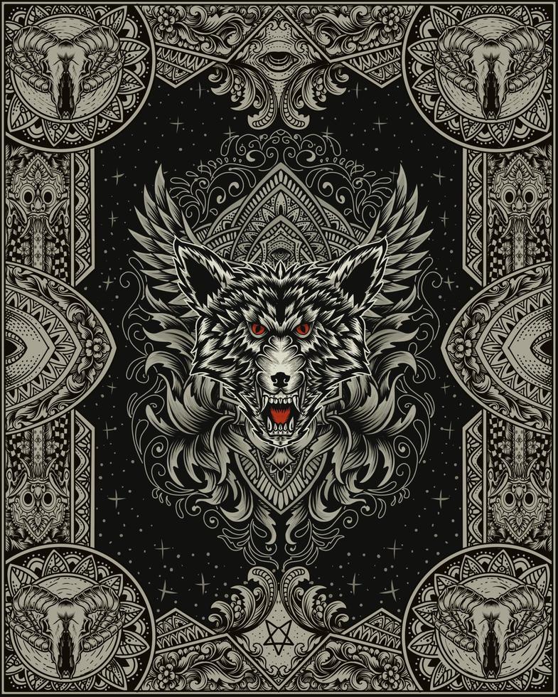 Illustration Wolfskopf mit antikem Gravurornament vektor