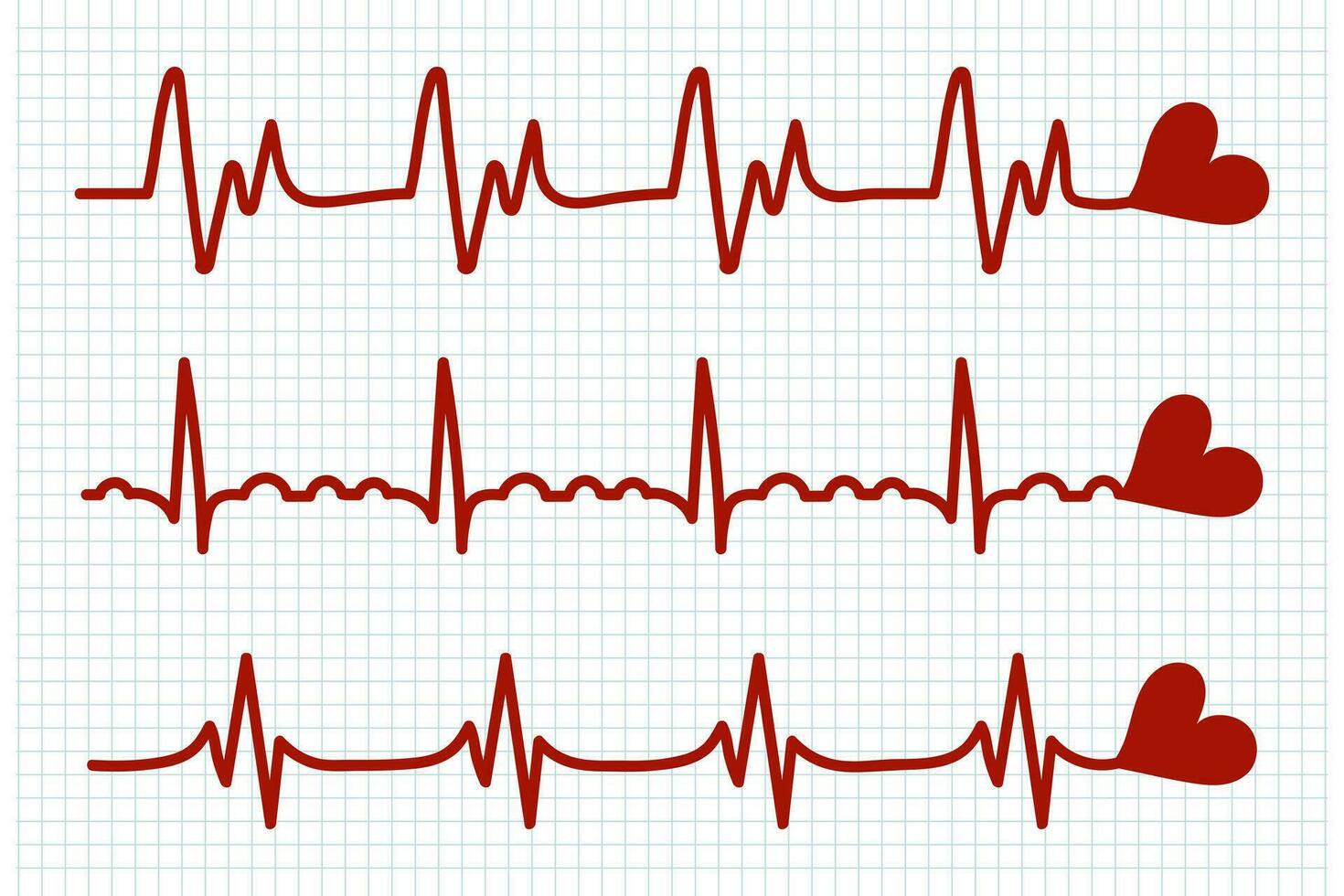 hjärtslag, ikoner uppsättning. röd hjärta takter på en rutig ark. kardiogram av de hjärta. design element, doodles, vektor