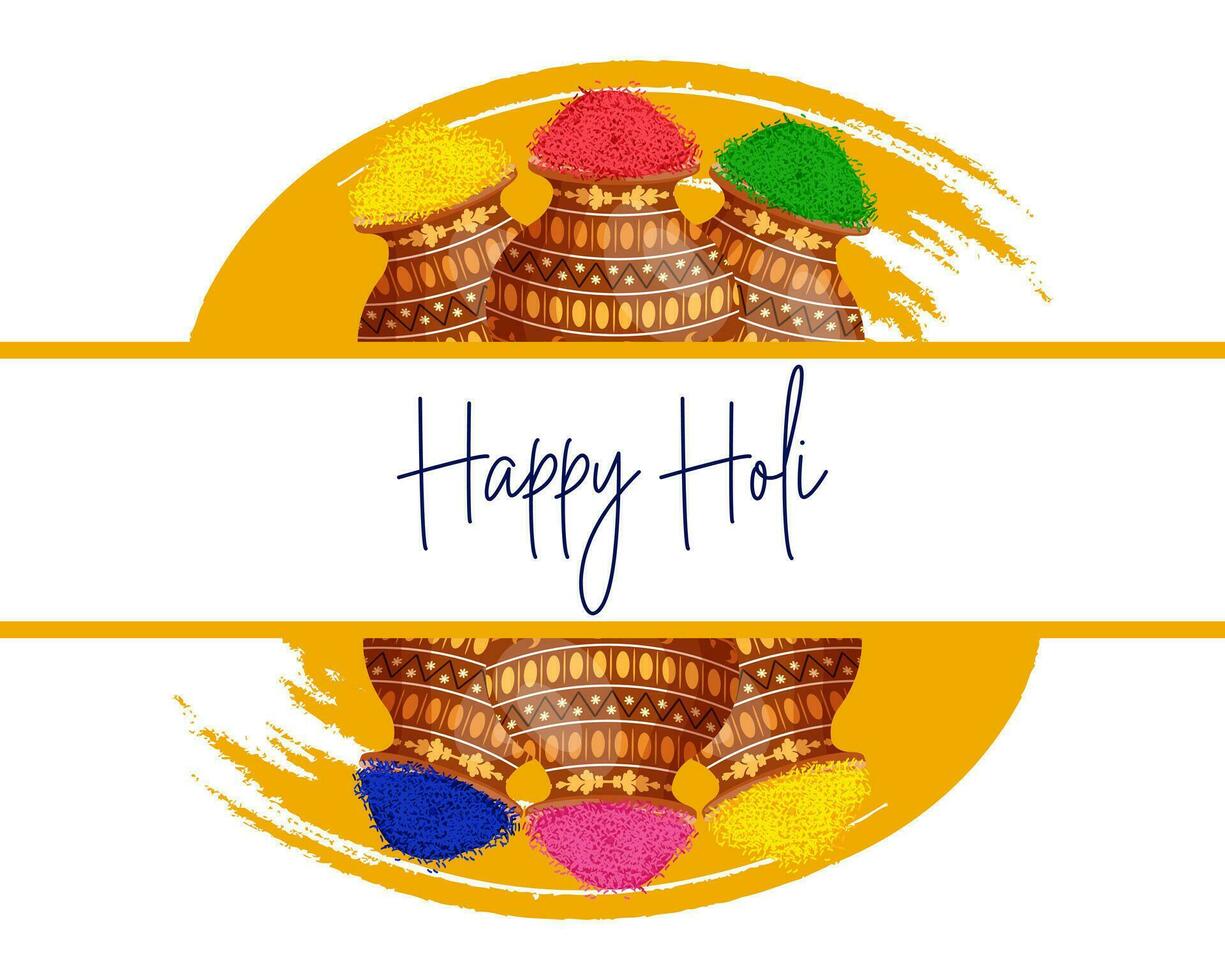 Lycklig hej, de vår festival av färger i Indien. kannor med målarfärger på grunge textur och Grattis text. baner, vykort, vektor