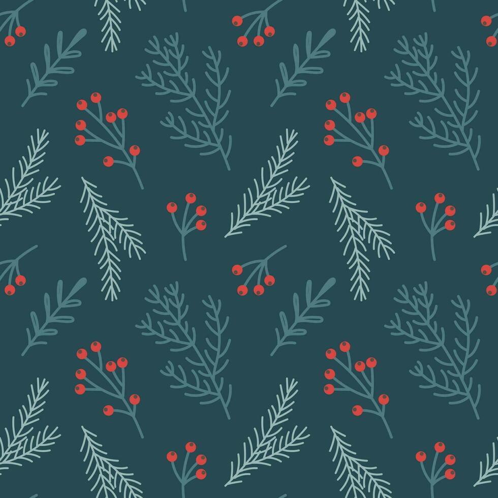jul sömlös mönster med jul träd grenar och järnek och rönn bär. ny år design. bakgrund, skriva ut, vektor