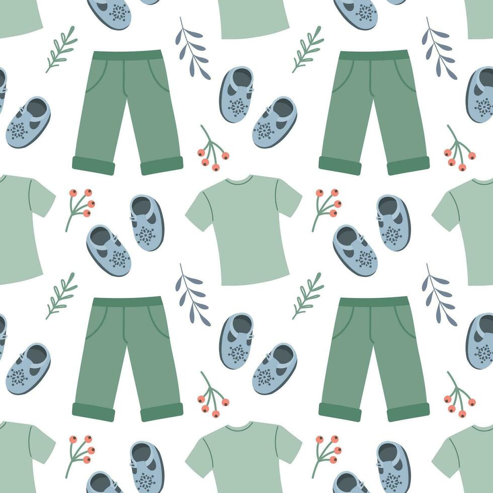 nahtlos Muster von Baby Kleider und Schuhe. süß Hintergrund im Karikatur Stil, drucken, Vektor