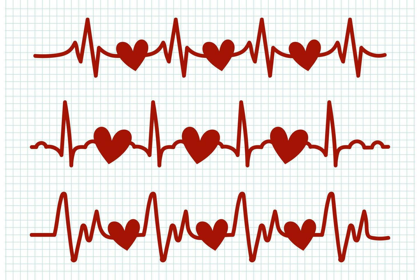 Herzschlag, Symbole Satz. rot Herz schlägt auf ein kariert Blatt. Kardiogramm von das Herz. Design Elemente, Kritzeleien, Vektor
