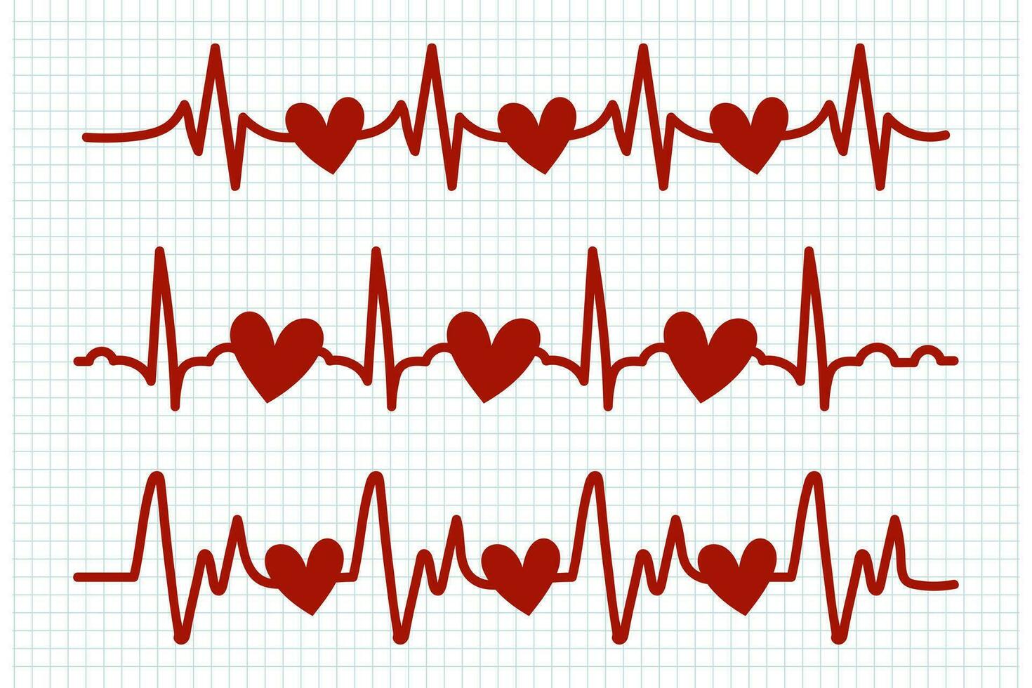 hjärtslag, ikoner uppsättning. röd hjärta takter på en rutig ark. kardiogram av de hjärta. design element, doodles, vektor