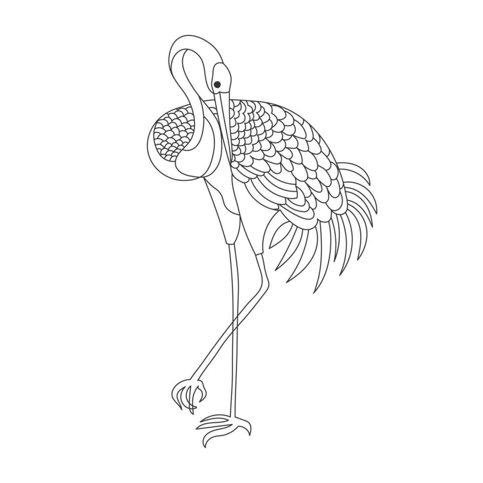 Linie Kunst, Kran, Storch, Flamingo, Reiher auf ein Weiß Hintergrund. skizzieren. Gliederung Zeichnung zum Färbung Buch, Vektor
