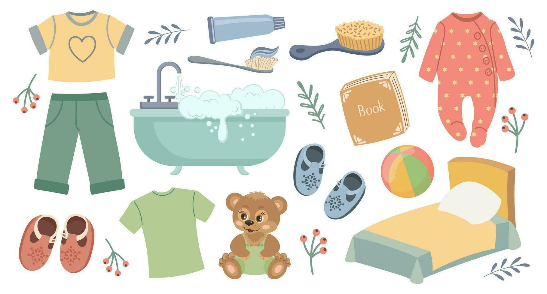 barns rutin. bebis kläder, leksaker, hygien objekt och en spjälsäng för en bebis dusch. söt samling i tecknad serie stil, vektor