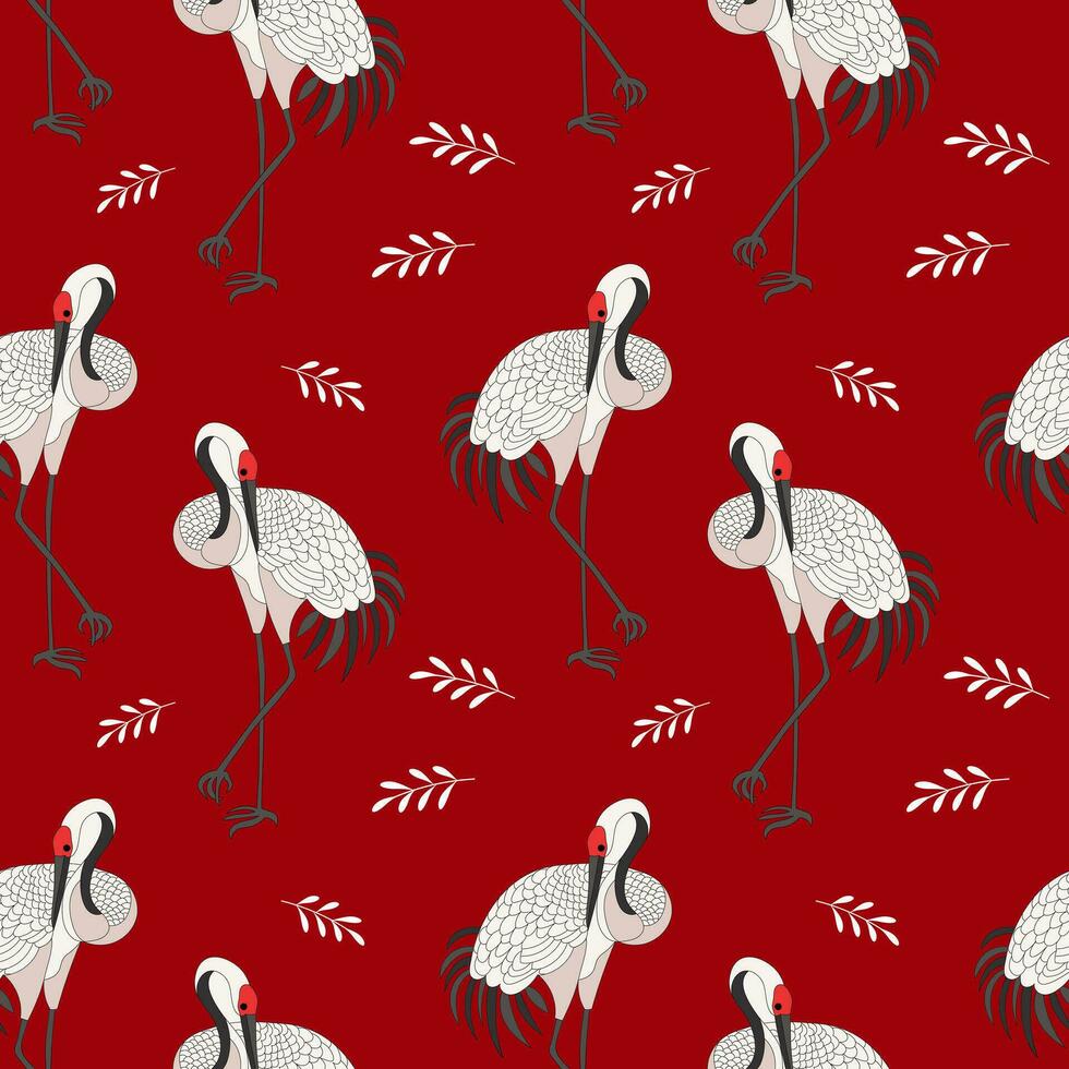 sömlös mönster, vit flygande kranar, storkar på en röd bakgrund. abstrakt bakgrund, textil, tapet, vektor