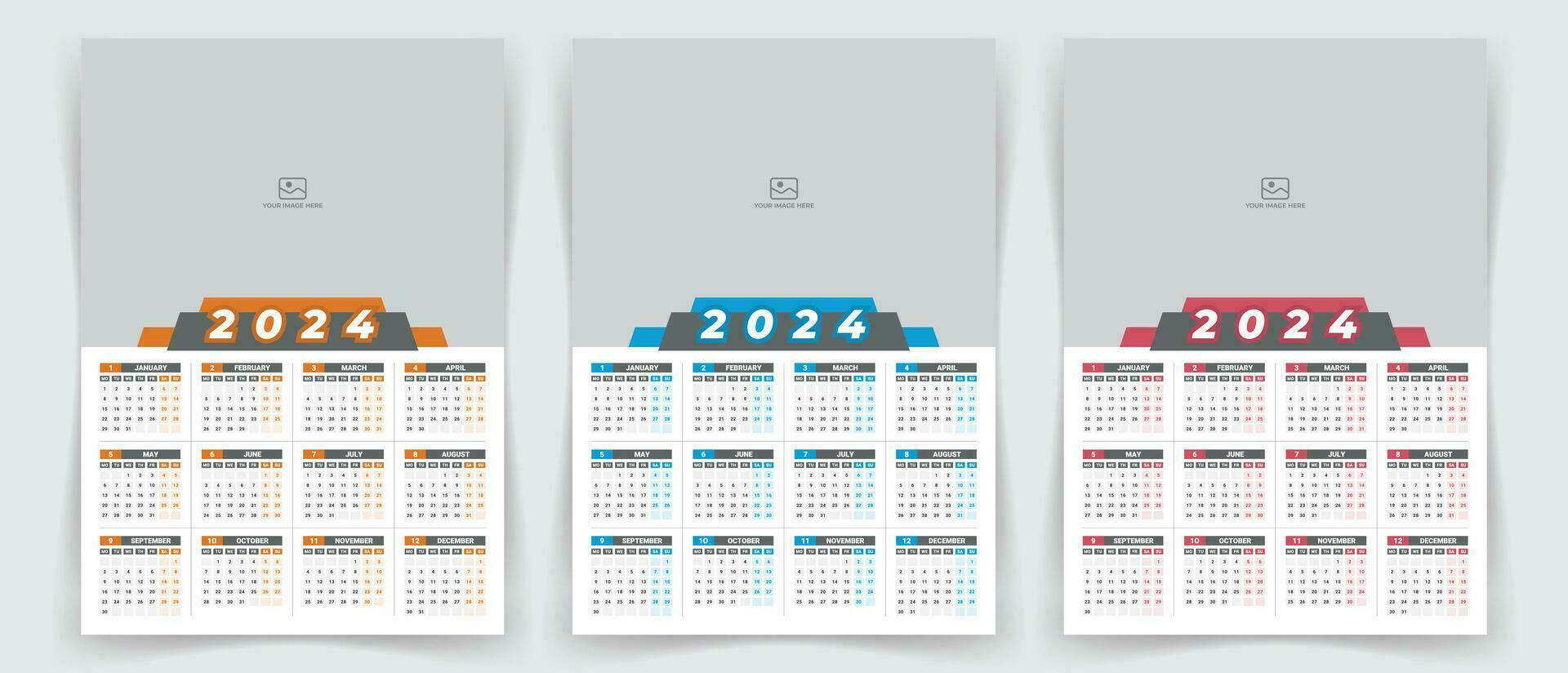 2024 en sida vägg kalender design mall med Färg variation, modern redigerbar 12 månader en sida kalender. vektor