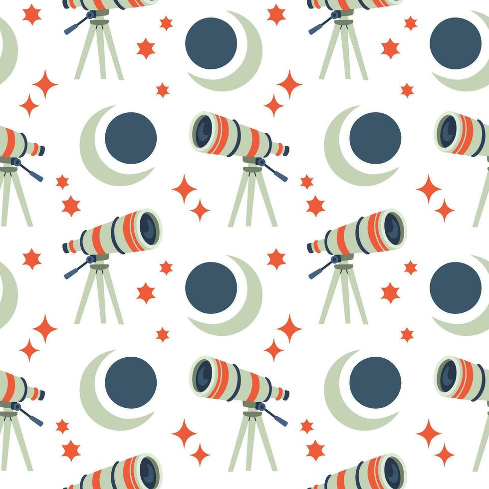 måne sol- förmörkelse teleskop sömlös mönster i platt tecknad serie stil för barn utbildning på skola, klistermärken, scrapbooking, barnkammare rum. vektor illustration på vit bakgrund