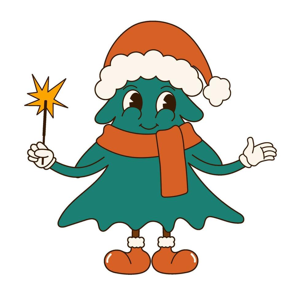 häftig 70s jul klistermärke. tecknad serie karaktär i trendig retro stil, komisk maskot. söt jul träd med santa hatt. vektor