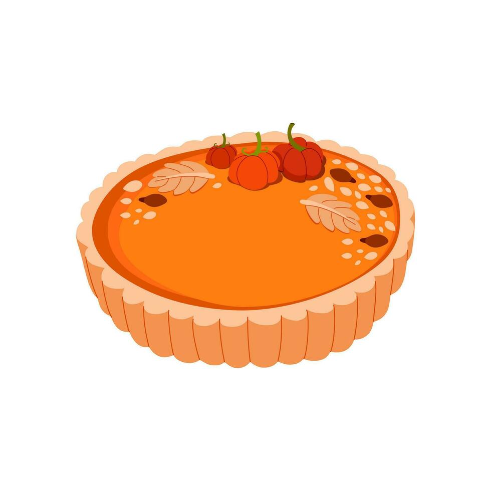 Kürbis Kuchen dekoriert mit klein Kürbisse und Samen. das Erntedankfest und Urlaub Weihnachten Süss Kuchen. lecker Süss Nachspeisen. Illustration zum Rezept Kochbuch. Vektor eben Illustration.