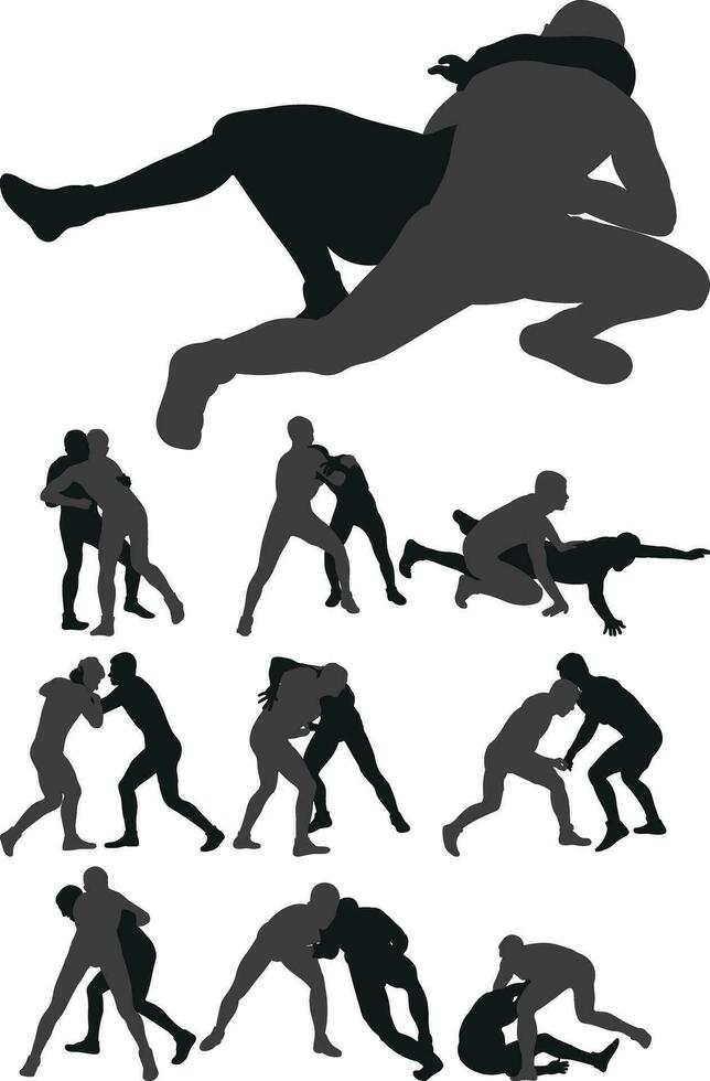 uppsättning av silhuetter idrottare brottare i brottning, stridande. greco roman brottning, bekämpa, bekämpande, kamp, brottas, duell, blandad krigisk konst, idrott vektor