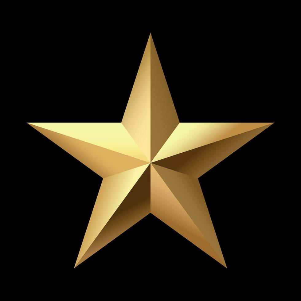 golden Weihnachten 3d Star Metall glänzend hell scheinen fünf Winkel Star gestalten isoliert auf schwarz Hintergrund. Symbol zum Urlaub Design Element. vektor