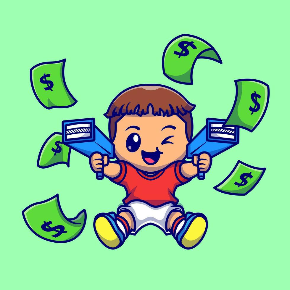 söt pojke med pengar pistol tecknad serie vektor ikon illustration. människor objekt ikon begrepp isolerat premie vektor. platt tecknad serie stil