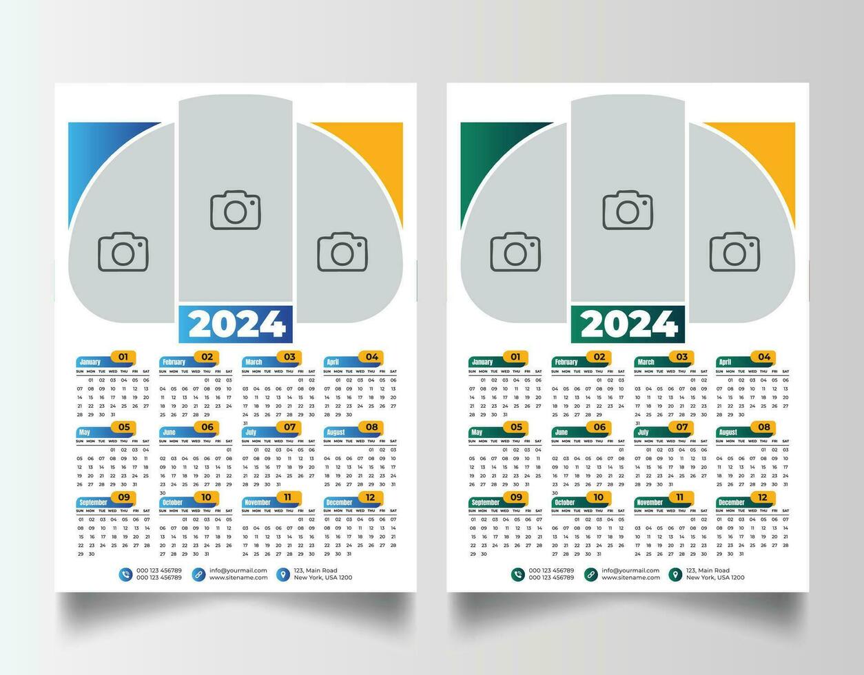 Neu Jahr 2024 einer Seite Mauer Kalender Vorlage vektor