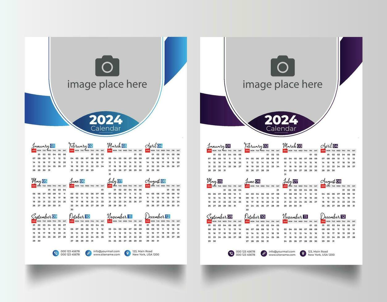 Neu Jahr 2024 einer Seite Mauer Kalender Vorlage vektor