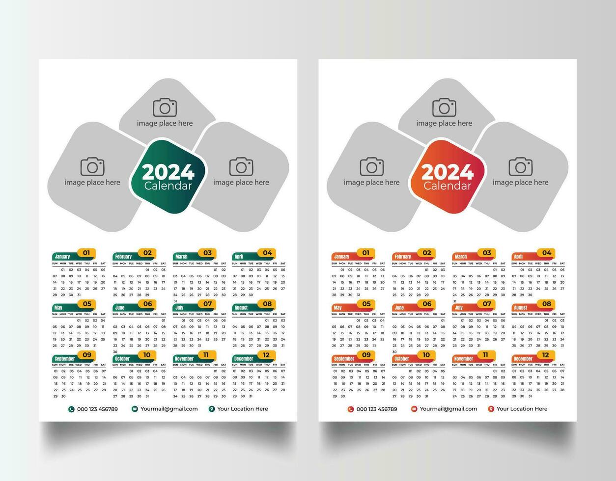 Neu Jahr 2024 einer Seite Mauer Kalender Vorlage vektor