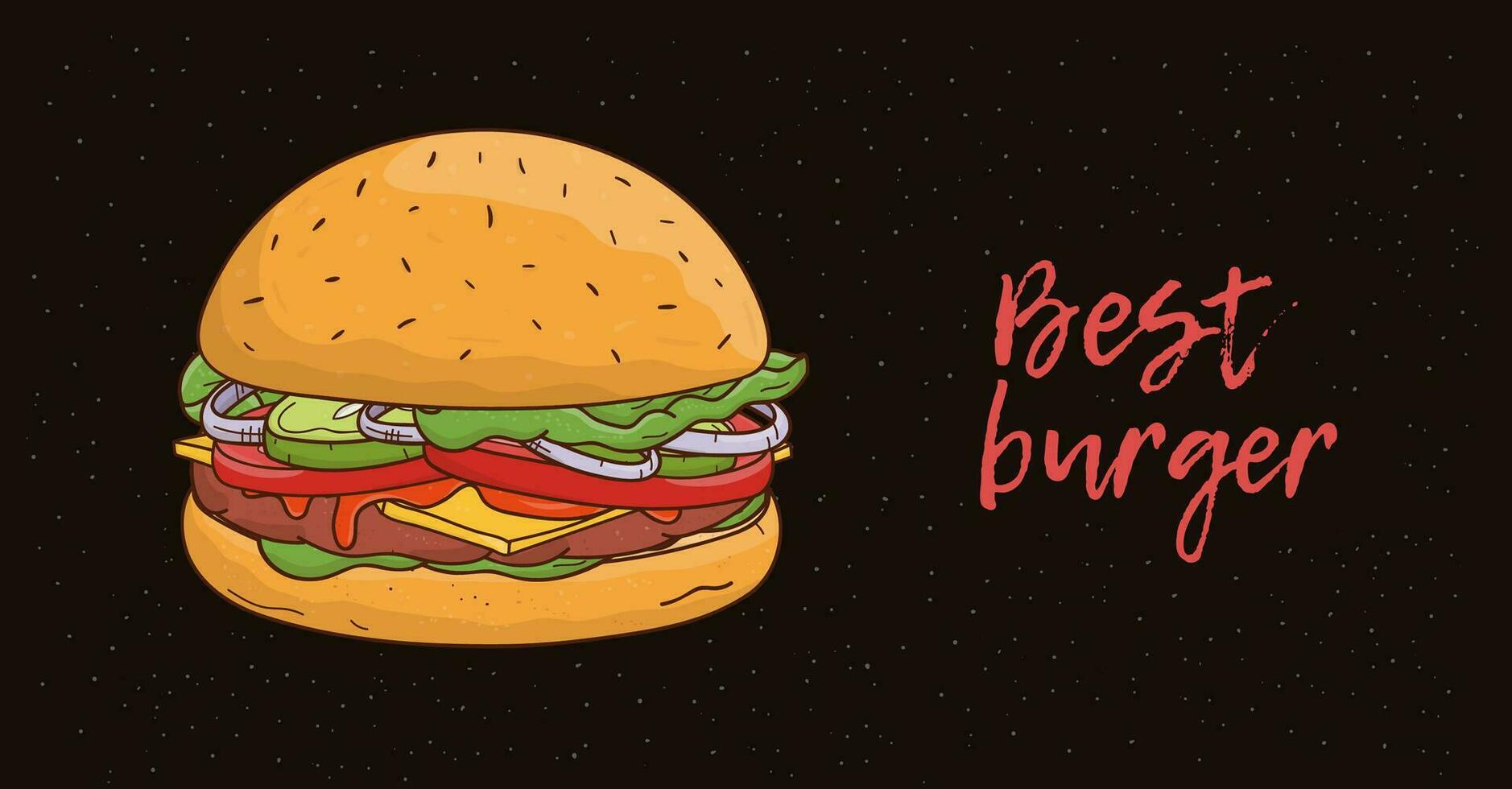 Beste Burger Werbung Banner. bunt Hand gezeichnet Vektor Illustration mit Hamburger auf schwarz Hintergrund.