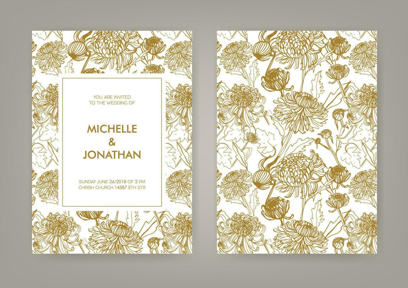 Hochzeit Einladung mit golden japanisch Chrysantheme Vertikale Karte. einfarbig Vektor Illustration.