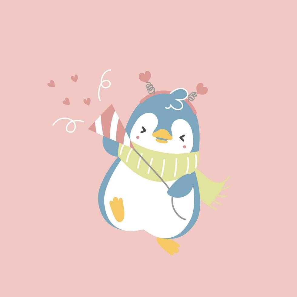 söt och härlig pingvin med fest poppare, smällare och konfetti, Lycklig hjärtans dag, kärlek begrepp, platt vektor illustration tecknad serie karaktär kostym design