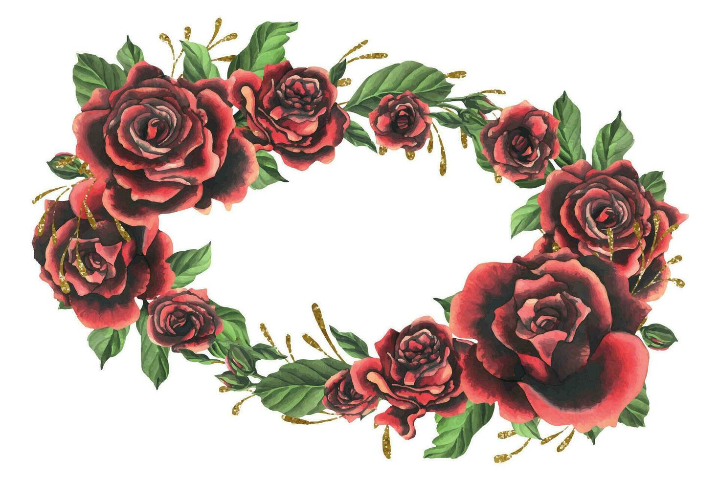 röd svart reste sig blommor med grön löv och knoppar, chic, ljus, skön. hand dragen vattenfärg illustration. cirkel krans, ram, mall på en vit bakgrund, för dekoration design. vektor eps