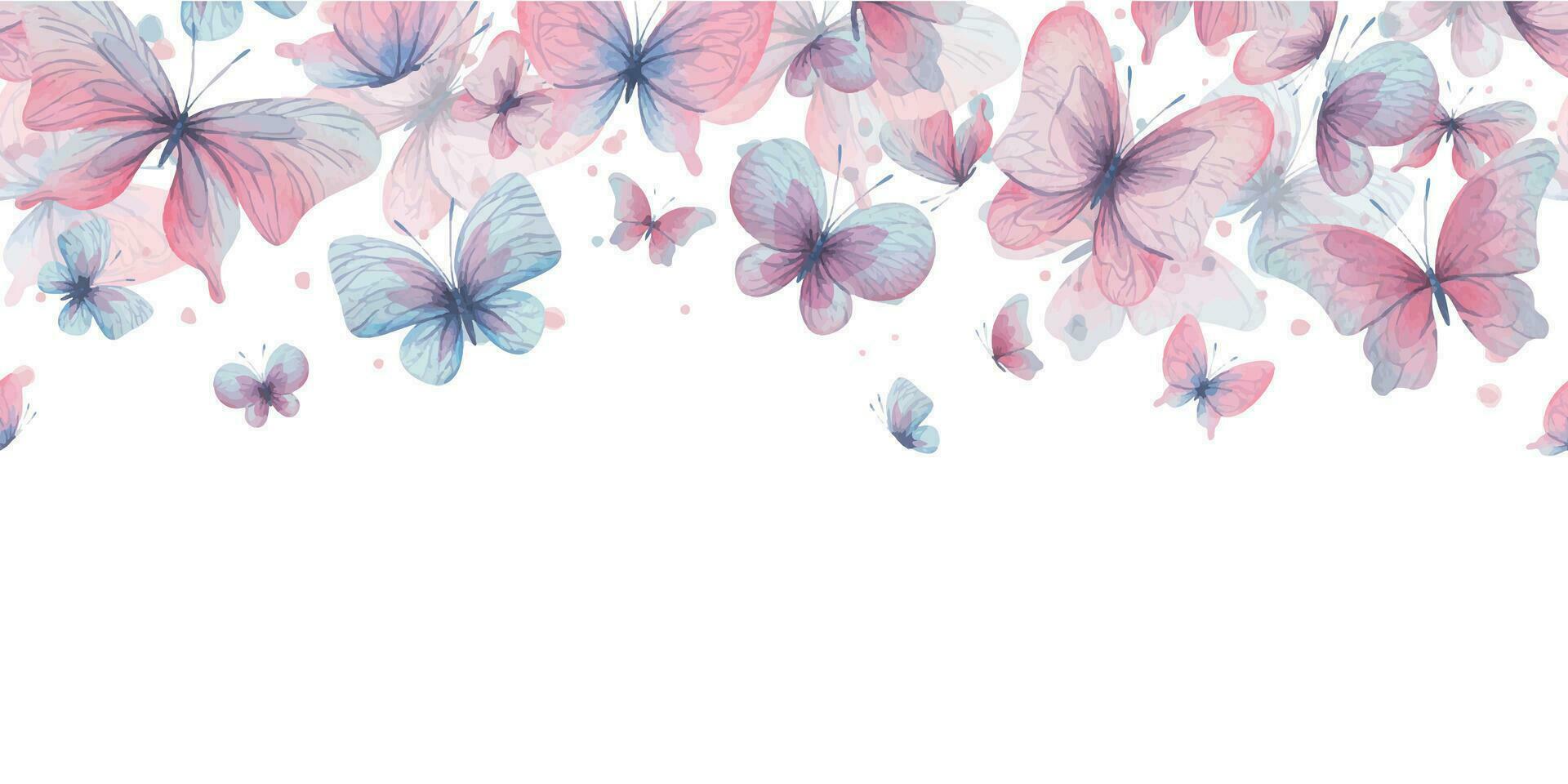 fjärilar är rosa, blå, lila, flygande, delikat med vingar och stänk av måla. hand dragen vattenfärg illustration. ram, mall, krans på en vit bakgrund, för design vektor