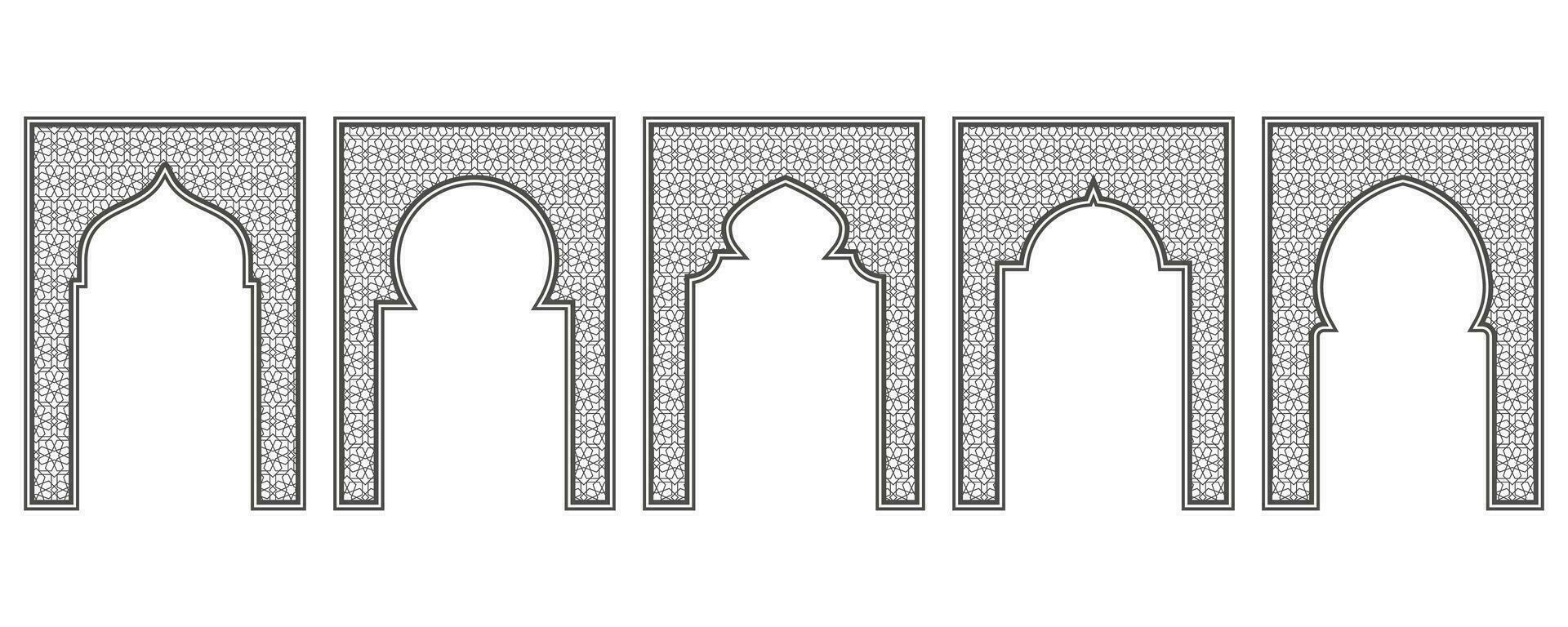 islamisch Rahmen mit Bogen und Ornament. Ramadan Tor auf geometrisch Hintergrund zum Hochzeit Einladung Design. Vektor orientalisch Dekorationen Satz.