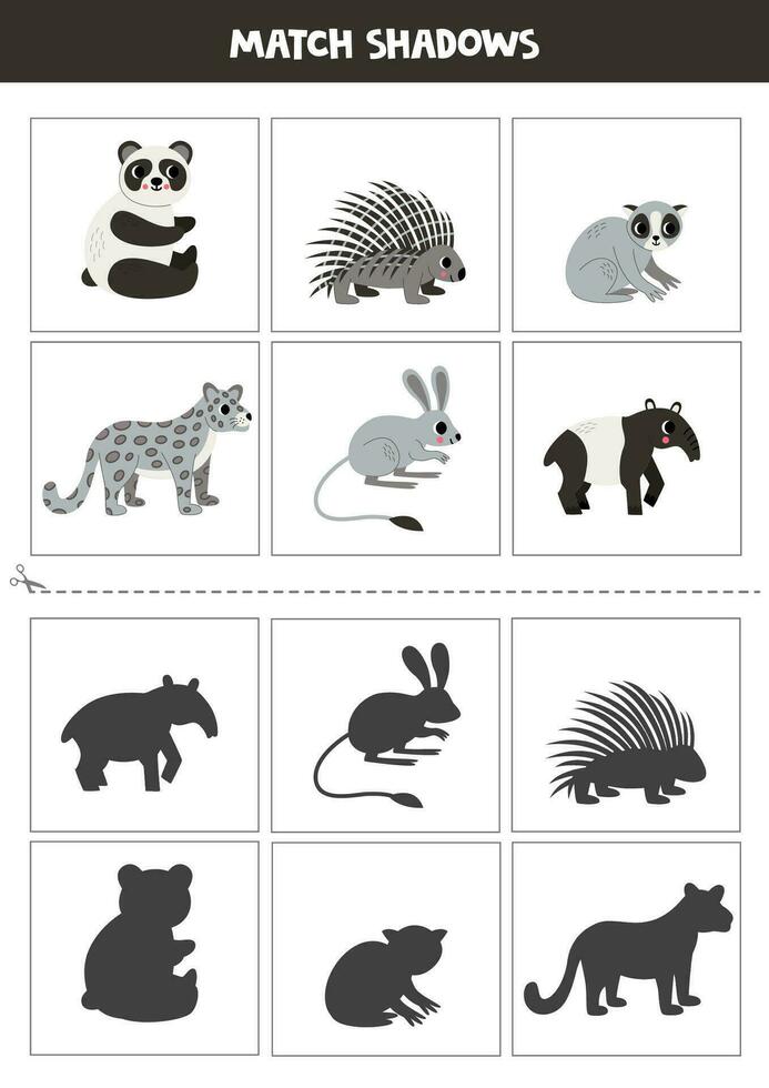 finden Schatten von süß asiatisch Tiere. Karten zum Kinder. vektor